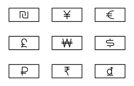 Flat linear design. Flat icons of paper money with different currency for applications and web sites. Vector illustration. Ruble, dollar, euro, shekel, dong, rupees, a pound of shooters. Setのイラスト素材
