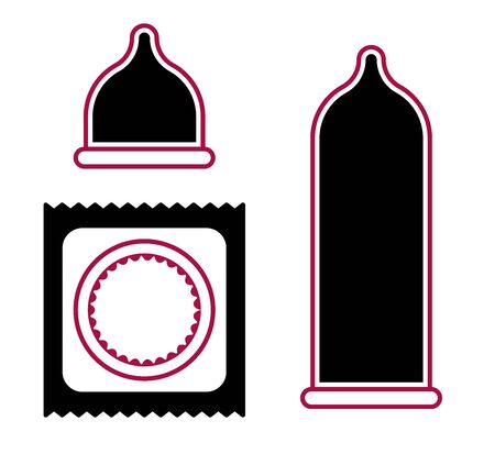 Flat linear design. Set of contraceptive icons for applications, web sites and public use. Packed, unpacked and straightened condom.のイラスト素材