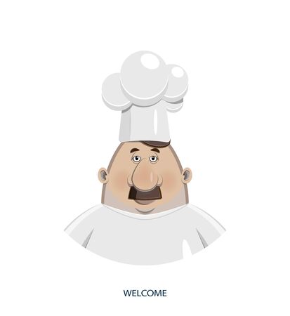 Background. Cartoon character person. Funny cute kind cook in a white cap, uniform and glasses is smiling. Welcome! - Vector illustrationのイラスト素材