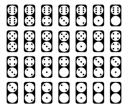 Flat linear design.Collection of black color 28 domino set with white spots ; twenty-eight tiles dominoes. Isolated on white background - Vectorのイラスト素材