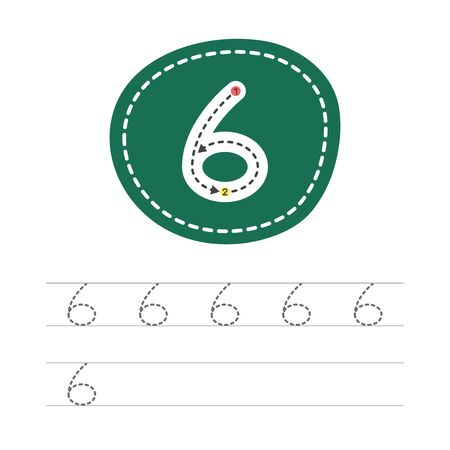 Learning to write a number - 6. A practical sheet from a set of exercises for the development and education of children. Writing a number six. Vector illustration.のイラスト素材