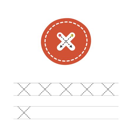 Learning to write a sign multiplication. A practical sheet from a set of exercises for the development and education of children. Writing a math sign. Vector illustration.のイラスト素材