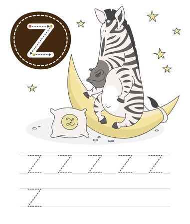 Learning to write a letter - Z. A practical sheet from a set of exercises game for kids. Cartoon funny african animal with letter. Spelling the alphabet. Child development and education. Zebra - Vector.のイラスト素材