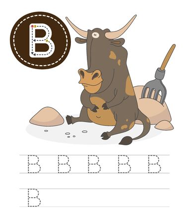 Learning to write a letter - B. A practical sheet from a set of exercises game for kids. Cartoon funny farm animal with letter. Spelling the alphabet. Child development and education. Bull - Vector.のイラスト素材