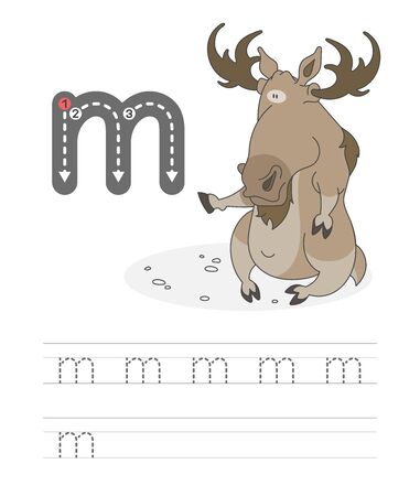 Learning to write a letter - m. A practical sheet from a set of exercises game for kids. Cartoon funny horned animal with letter. Spelling the alphabet. Child development and education. Moose - Vector.のイラスト素材