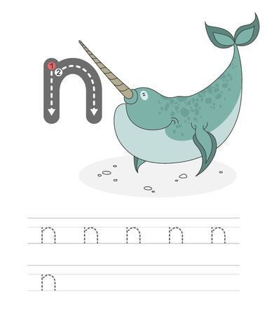 Learning to write a letter - n. A practical sheet from a set of exercises game for kids. Cartoon funny water inhabitant with letter. Spelling the alphabet. Child development and education. Narwhal - Vector.のイラスト素材