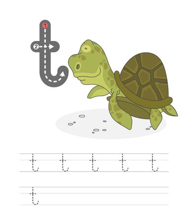 Learning to write a letter - t. A practical sheet from a set of exercises game for kids. Cartoon funny reptile with letter. Spelling the alphabet. Child development and education. Turtle - Vector.のイラスト素材