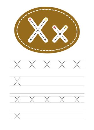 Learning to write a letter - X. A practical sheet from a set of exercises for the development and education of children. Writing a letter from the English alphabet. Vector illustration.のイラスト素材