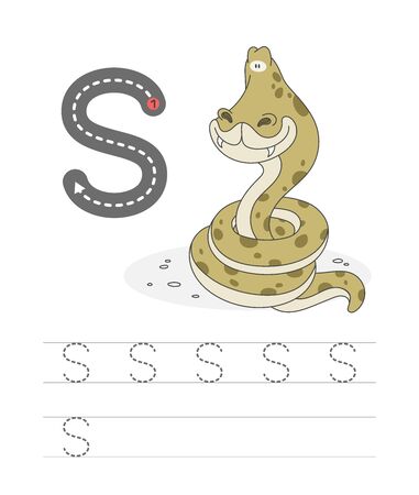 Learning to write a letter - S. A practical sheet from a set of exercises game for kids. Cartoon funny reptile with letter. Spelling the alphabet. Child development and education. Snake - Vector.のイラスト素材