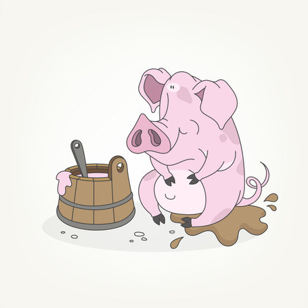 Cartoon character of a forest animal. Funny cute full pink pig sitting and posing in the mud next to the trough Vector illustrationのイラスト素材