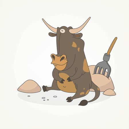 Cartoon character of a farm animal. A funny cute bull sits and poses next to hay and a pitchfork. Vector illustrationのイラスト素材