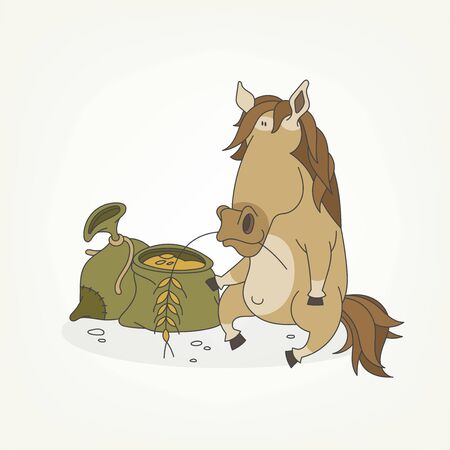 Cartoon character of a farm animal. Funny cute horse is sitting next to bags of grain and posing.. Vector illustrationのイラスト素材