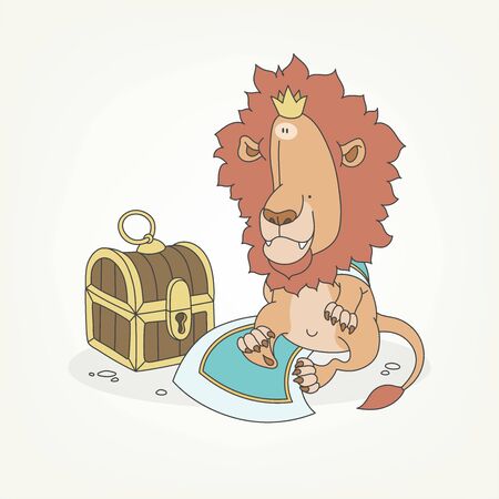 Cartoon character of a african animal. A funny cute lion sits next to a chest and poses in a crown and royal cape. Vector illustrationのイラスト素材