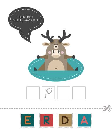 Fun Lessons for Kids - DIY! Card for children's creativity and learning. Funny cute dear. Compose a word. Cut and glue the letters correctly. - Vectorのイラスト素材