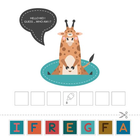 Fun Lessons for Kids - DIY! Card for children's creativity and learning. Funny cute giraffe. Compose a word. Cut and glue the letters correctly. - Vectorのイラスト素材