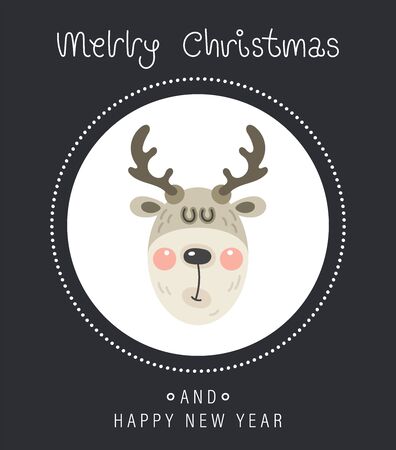 Merry christmas and happy new year greeting card. Cartoon christmas character. The head of a cute funny rosy deer. Vector illustration.のイラスト素材