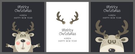 Merry christmas and happy new year greeting card. Cute christmas deer with horns and greeting lettering. Vector illustration.のイラスト素材