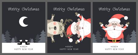Merry christmas and happy new year greeting card. Festive inscription with cute Santa Claus and Deer. Vector illustration.のイラスト素材