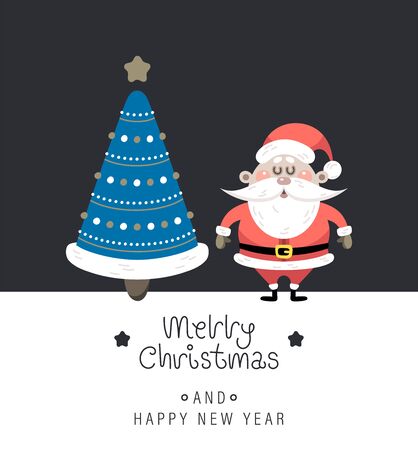 Merry christmas and happy new year greeting card. Cute christmas rosy santa claus, christmas tree and greeting lettering. Vector illustration.のイラスト素材