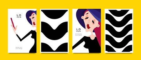 Set of cards. Woman and geometric pattern. Applicable for magazine covers, outdoor prints, ads and...