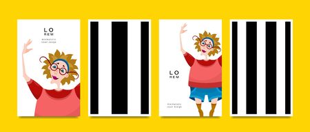 Set of cards. Woman and geometric pattern. Applicable for magazine covers, outdoor prints, ads and prints in the beauty industry.のイラスト素材
