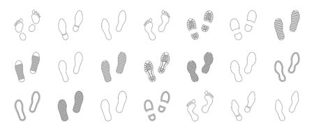 Flat linear design. Different human footprints. Black silhouettes isolated on white background. Vector illustrationのイラスト素材