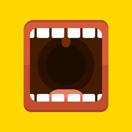 Banner with a big human mouth. Open mouth with tongue and teeth. Screaming or talking person. Vector illustrationのイラスト素材