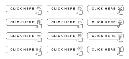 Click here vector web button. Isolated website buy or register bar icon with hand finger clicking cursor for buy or register design template. Vector illustration.のイラスト素材