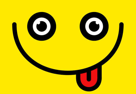 Yummy smile vector cartoon line emoticon with tongue lick mouth. Delicious tasty food eating emoji face on yellow design backgroundのイラスト素材