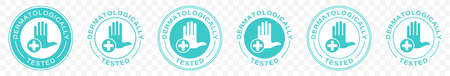 Dermatologically tested vector label with water drop and hand logo. Dermatology test, dermatologist clinically proven icon for allergy free and healthy safe product package tag. Vector.のイラスト素材
