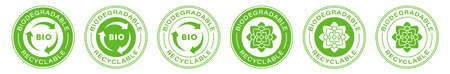 Biodegradable recyclable vector icon. Bio recyclable and degradable package packet logo. Information label. Vector illustration.のイラスト素材