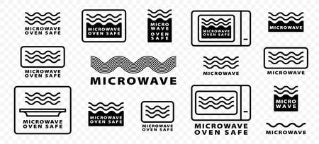 Microwave oven safe icon templates set. Vector isolated line symbols or labels for plastic dish food cookware suitable for safe warming and cooking in microwave oven.のイラスト素材