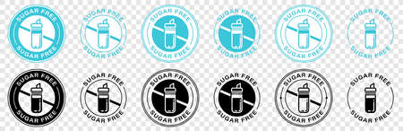 Product labeling - sugar free. Crossed out sugar bowl in a round stamp. Information sticker for packaging. Vector illustrationのイラスト素材