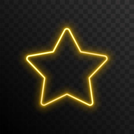 Festive glowing star. Yellow star with neon illumination isolated on a dark transparent background. Vector illustration.のイラスト素材