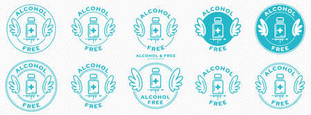 A set of conceptual stamps for packaging products. Labeling - alcohol free. A round stamp with...