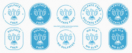 A set of conceptual stamps for packaging products. Labeling - sulfate free. Round stamp with flat icon of ingredient flask and wings. A symbol of liberation, freedom. Vector grouped elements.のイラスト素材