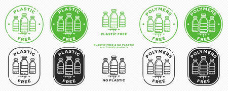 Conceptual stamps for packaging products. Marking - no plastic. Stamp with a flat icon of a plastic bottles - a symbol of liberated, free. Absorbable, degradable products. Vectorのイラスト素材