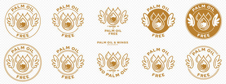Concept for product packaging. Labeling - no palm oil. The stamp with wings, palm oil drop and liquid ingredient line is a symbol of freedom from the ingredient. Vector elements.のイラスト素材