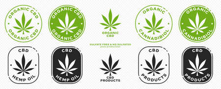 Conceptual stamps for packaging pharmaceutical, medical, cosmetic products. Cannabis extract drops with plant leaf and ingredient line. Vector elements.のイラスト素材
