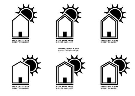 Product packaging labeling - keep away from direct sunlight. The sign of a house with a roof and the sun is a symbol of the inadmissibility of placing products under the sun. Vector elements.のイラスト素材