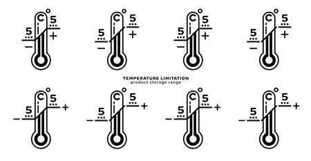 Product packaging labeling - temperature limitation. The thermometer sign with temperature values is a symbol for the storage range of the product. Vector elements.のイラスト素材