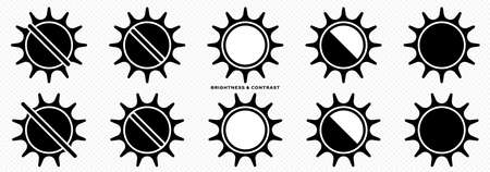 An icon pack for adjusting brightness or contrast for applications, websites, and electronic products. Sun icon with different levels of brightness, saturation or contrast. Vector elements.のイラスト素材