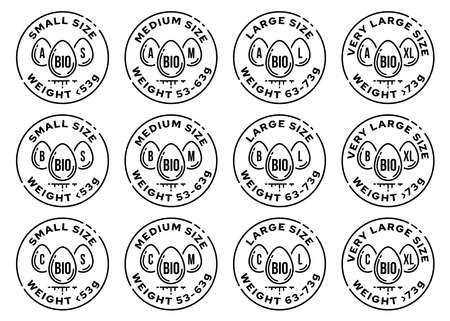 Set of conceptual product stamps. Egg marking. Categories of eggs by variety, by weight. Packing symbols. Vector elements.のイラスト素材
