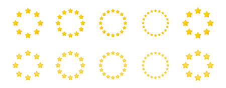 Golden stars vector icons. Yellow stars with a circle-shaped shadow. Vector decorative star elements.のイラスト素材