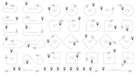 The flight path of the aircraft from the point of location along the dotted line. Flight route from a waypoint with an airplane silhouette. Vector elements.のイラスト素材
