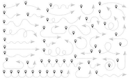 The flight path of the aircraft from the point of location along the dotted line. Flight route from a waypoint with an paper airplane silhouette. Vector elements.のイラスト素材