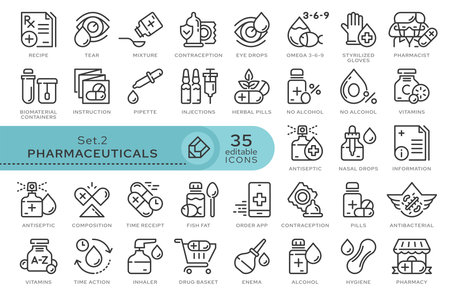 Set of conceptual icons. Vector icons in flat linear style for web sites, applications and other graphic resources. Set from the series - Pharmaceutics. Editable outline icon.のイラスト素材