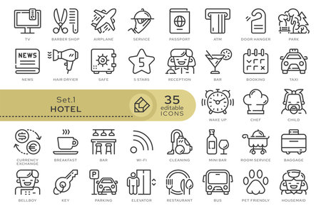 Set of conceptual icons. Vector icons in flat linear style for web sites, applications and other graphic resources. Set from the series - Hotel and Travel. Editable outline icon.のイラスト素材