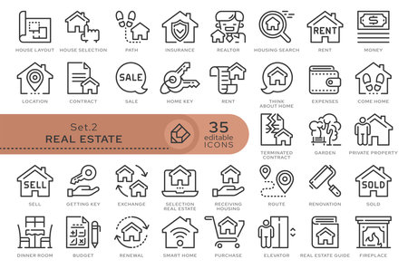 Set of conceptual icons. Vector icons in flat linear style for web sites, applications and other graphic resources. Set from the series - Real estate. Editable outline icon.のイラスト素材
