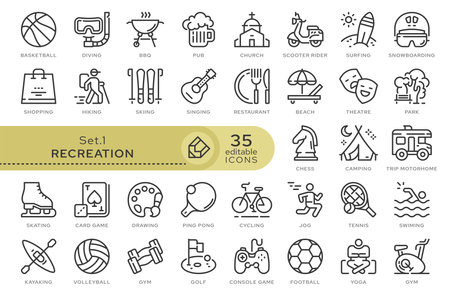 Set of conceptual icons. Vector icons in flat linear style for web sites, applications and other graphic resources. Set from the series - Recreation. Editable outline icon.のイラスト素材